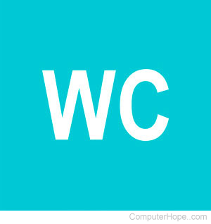 WC in white lettering on aqua background.