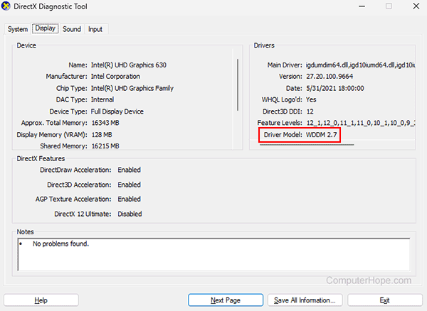 WDDM driver version showing in Windows DirectX Diagnostic Tool.