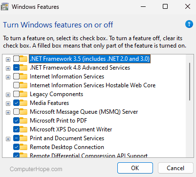 Windows Features in Windows 11.