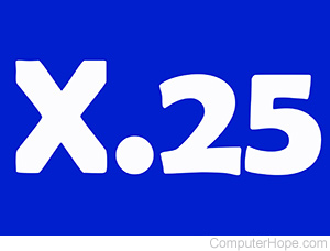 X.25 in white lettering on blue background.