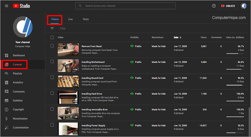 YouTube Studio Content Videos