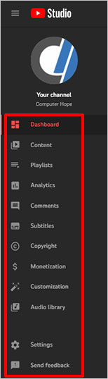 YouTube Studio menu overview