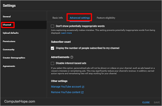 YouTube Studio settings channel advanced settings