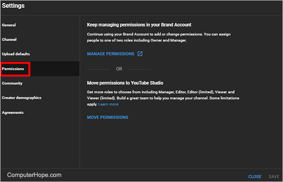 YouTube Studio settings permissions