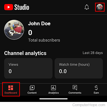 Channel icon on YouTube Studio app.