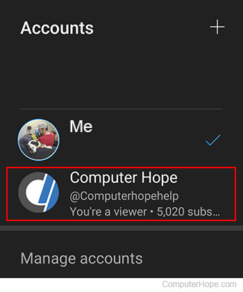 Choosing a different account on YouTube Studio app.