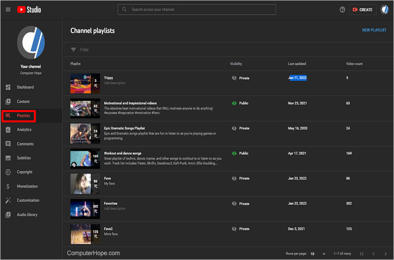 YouTube Studio Playlists