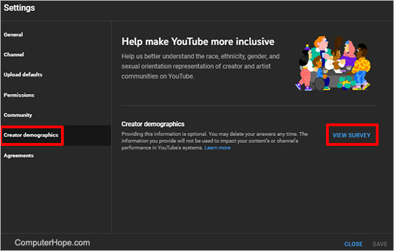 YouTube Studio settings creator demographics