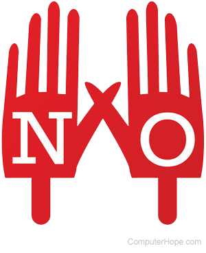 Illustrated red hands with letters N and O on the palms.