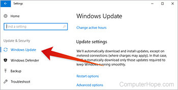 In the left pane of Update and Security settings, choose Windows Update.