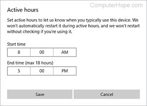 Choose your Active hours (maximum 18-hour window), then click Save.