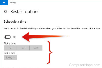 In Restart options, enable Schedule a time, then pick a time and day for the update to occur.