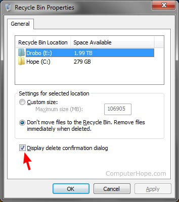 Recycle Bin disable prompt option