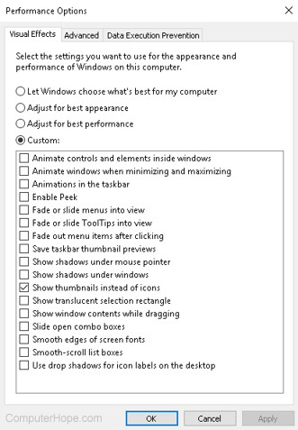 Windows 10 Performance Options