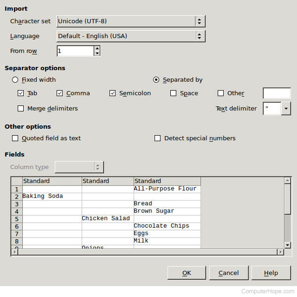 CSV interpretation options in LibreOffice Calc