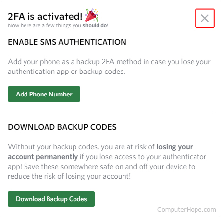 Activation confirmation for 2FA on Discord.