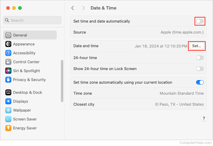 Setting the time and date manually in macOS.