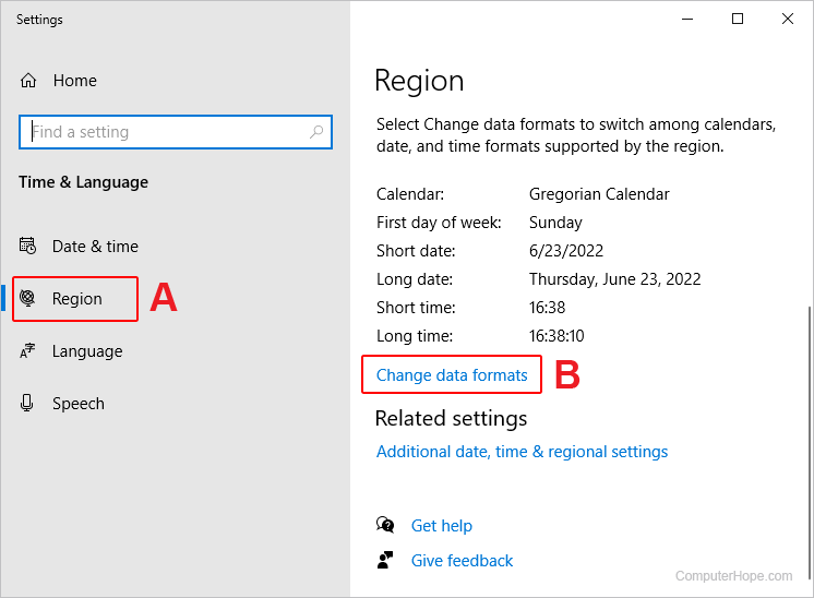 Change data formats link in Windows 10.